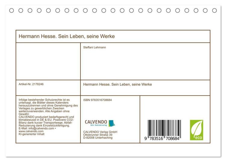 Produktbild: Hermann Hesse. Sein Leben, seine Werke (Tischkalender 2026 DIN A5 quer), CALVENDO Monatskalender