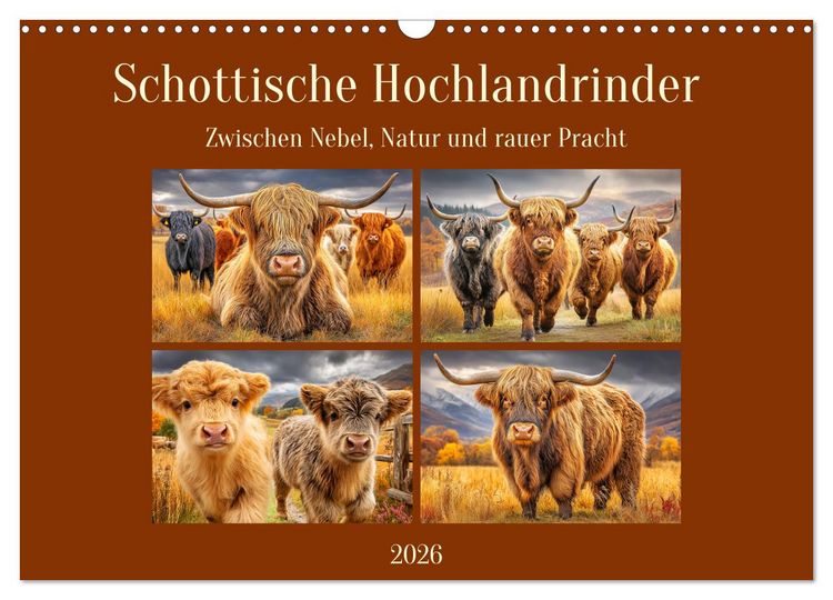 Produktbild: Schottische Hochlandrinder. Zwischen Nebel, Natur und rauer Pracht (Wandkalender 2026 DIN A3 quer), CALVENDO Monatskalender