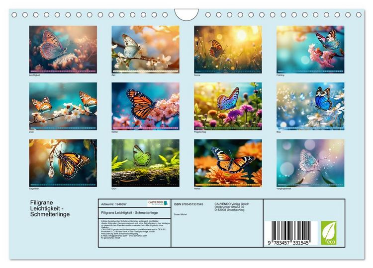 Produktbild: Filigrane Leichtigkeit - Schmetterlinge (Wandkalender 2026 DIN A4 quer), CALVENDO Monatskalender