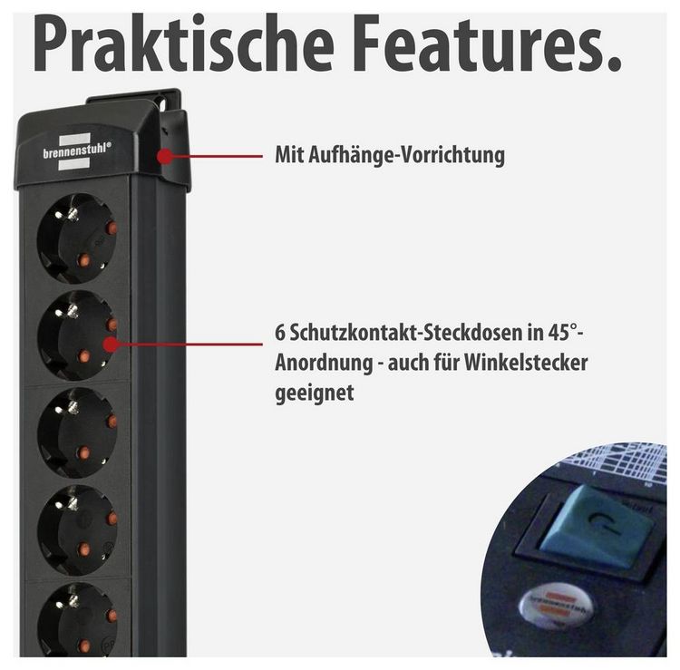 Produktbild: Brennenstuhl 1951160402 &Uuml;berspannungsschutz-Steckdosenleiste Schwarz Schutzkontakt 1St.
