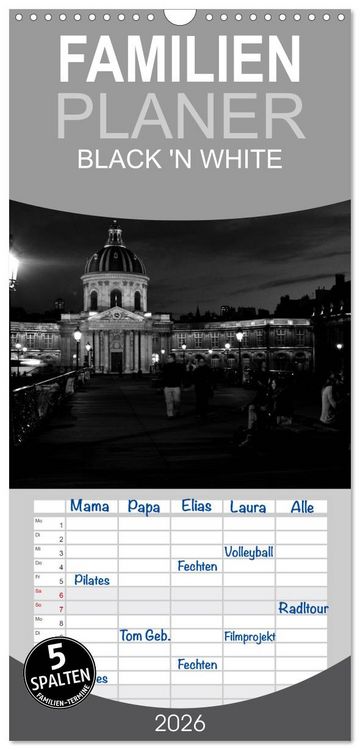 Produktbild: Familienplaner 2026 - BLACK 'N WHITE mit 5 Spalten (Wandkalender, 21 x 45 cm) CALVENDO