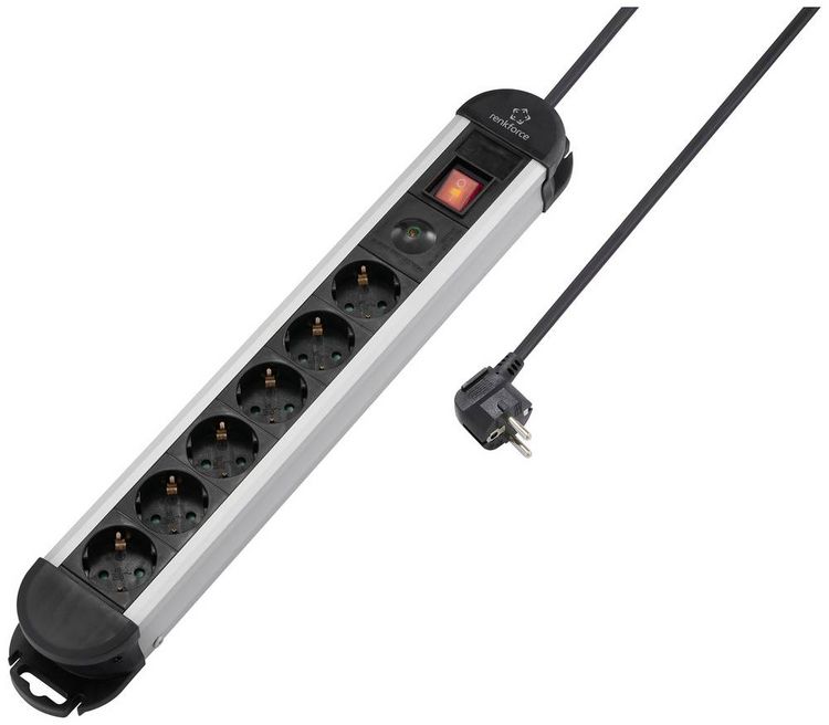 Produktbild: Renkforce RF-6417718 &Uuml;berspannungsschutz-Steckdosenleiste 6fach Schwarz, Aluminium Schutzkontakt 1 St.