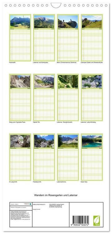Produktbild: Familienplaner 2026 - Wandern im Rosengarten und Latemar mit 5 Spalten (Wandkalender, 21 x 45 cm) CALVENDO