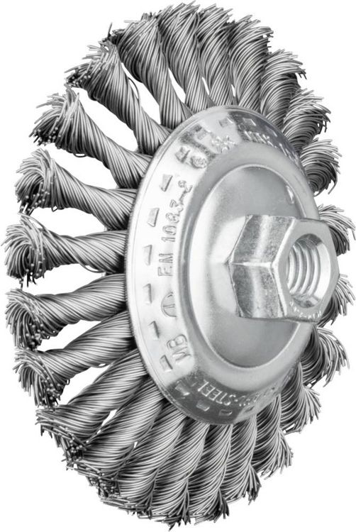 Produktbild: PFERD TOOLS Kegelb&uuml;rste gezopft KBG &Oslash; 115 x 15 mm M14 Stahl-Draht-&Oslash; 0,50 f&uuml;r Winkelschleifer POS KBG 11515/M14 ST 0,50 43315001 1 St.