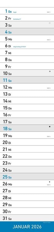 Produktbild: Streifenplaner XL BLAU 2026 - Streifenkalender 15x64 cm - Wandplaner - Küchenkalender - schmales Design - eine Spalte - Langplaner