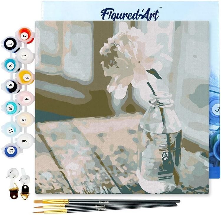 Produktbild: FiguredArt SFA085-Y - Mini Malen nach Zahlen, Wei&szlig;e Blume, Leinwand-Keilrahmen 20x20cm, DIY Bastelset, Paint by Numbers
