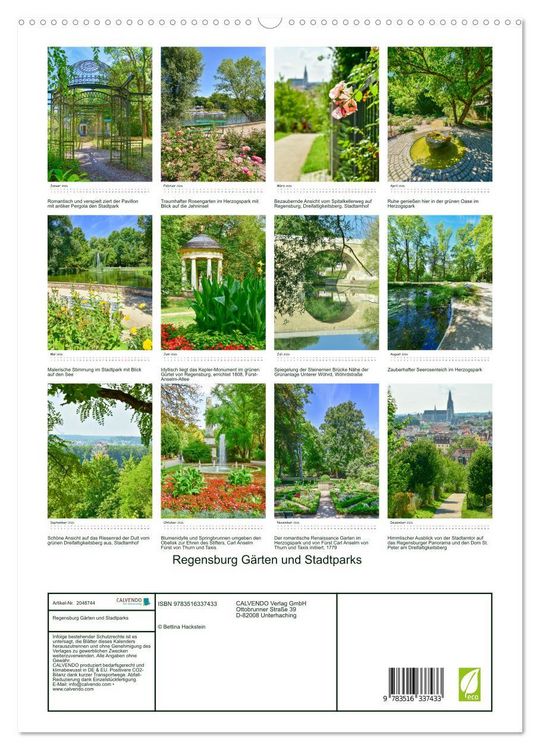 Produktbild: Regensburg G&auml;rten und Stadtparks (hochwertiger Premium Wandkalender 2026 DIN A2 hoch), Kunstdruck in Hochglanz