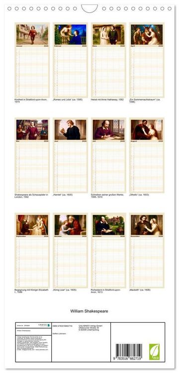 Produktbild: Familienplaner 2026 - William Shakespeare mit 5 Spalten (Wandkalender, 21 x 45 cm) CALVENDO