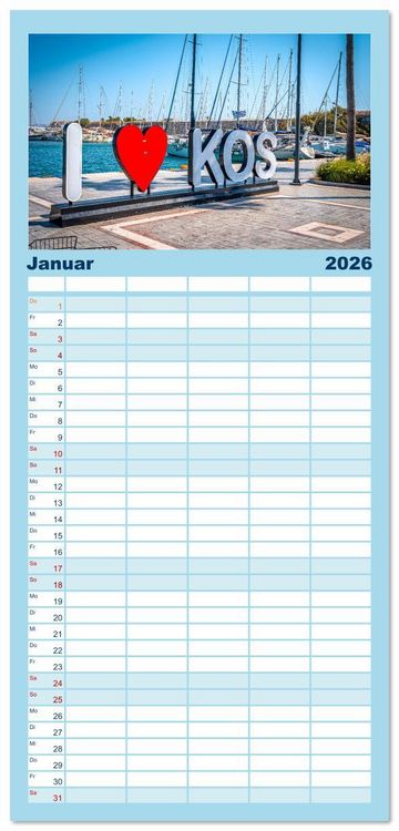Produktbild: Familienplaner 2026 - Insel Kos in Griechenland mit 5 Spalten (Wandkalender, 21 x 45 cm) CALVENDO