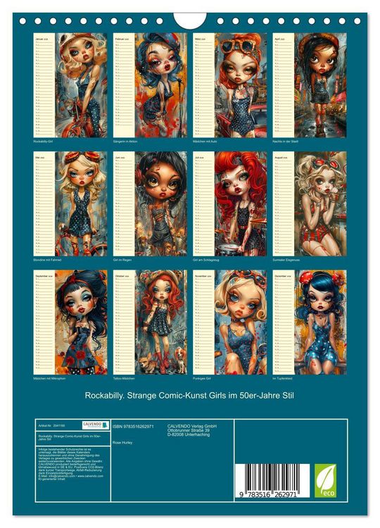 Produktbild: Rockabilly. Strange Comic-Kunst Girls im 50er-Jahre Stil (Wandkalender 2026 DIN A4 hoch), CALVENDO Monatskalender