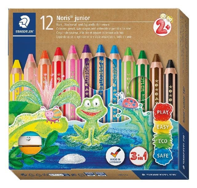 Produktbild: STAEDTLER Noris junior 140 Kindermalstift 3 in 1, Kartonetui mit 12 Malstiften in sortierten Farben und 1 Spitzer, 140 C12