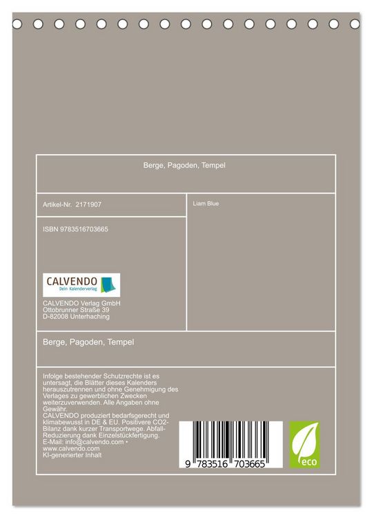 Produktbild: Berge, Pagoden, Tempel (Tischkalender 2026 DIN A5 hoch), CALVENDO Monatskalender