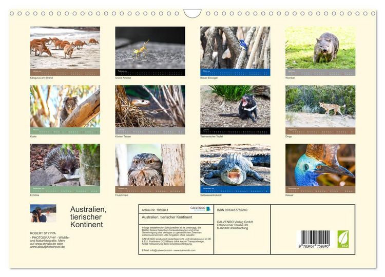Produktbild: Australien, tierischer Kontinent (Wandkalender 2026 DIN A3 quer), CALVENDO Monatskalender