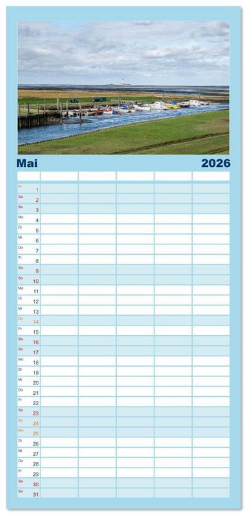 Produktbild: Familienplaner 2026 - Nordfriesland - weiter Horizont, faszinierende Natur, idyllische St&auml;dte mit 5 Spalten (Wandkalender, 21 x 45 cm) CALVENDO