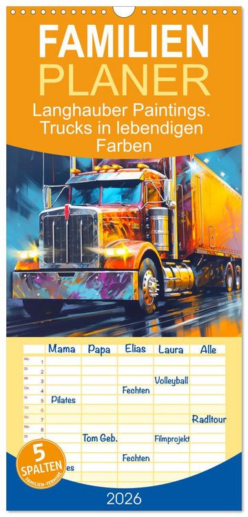 Produktbild: Familienplaner 2026 - Langhauber Paintings. Trucks in lebendigen Farben mit 5 Spalten (Wandkalender, 21 x 45 cm) CALVENDO