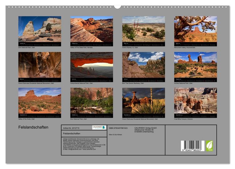 Produktbild: Felslandschaften (hochwertiger Premium Wandkalender 2026 DIN A2 quer), Kunstdruck in Hochglanz