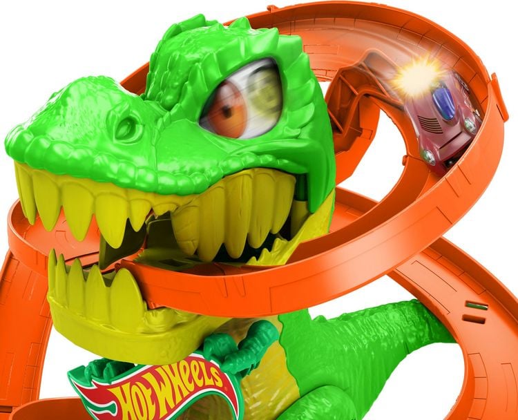 Produktbild: Hot Wheels City T-Rex-Feuerschlacht Spielset und Die-Cast-Spielzeugauto im Maßstab 1:64, gegnerischer Dinosaurier