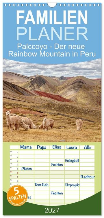 Produktbild: Familienplaner 2027 - Palccoyo - Der neue Rainbow Mountain in Peru mit 5 Spalten (Wandkalender, 21 x 45 cm) CALVENDO
