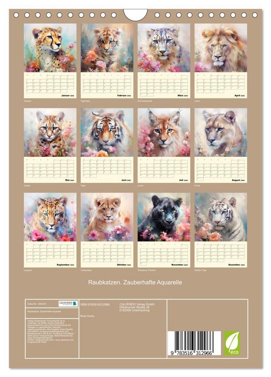 Produktbild: Raubkatzen. Zauberhafte Aquarelle (Wandkalender 2026 DIN A4 hoch), CALVENDO Monatskalender