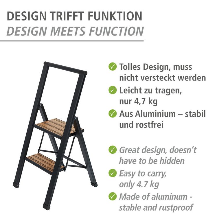 Produktbild: Alu-Design Klapptrittleiter 2-stufig Schwarz, rutschsichere XXL-Stufen