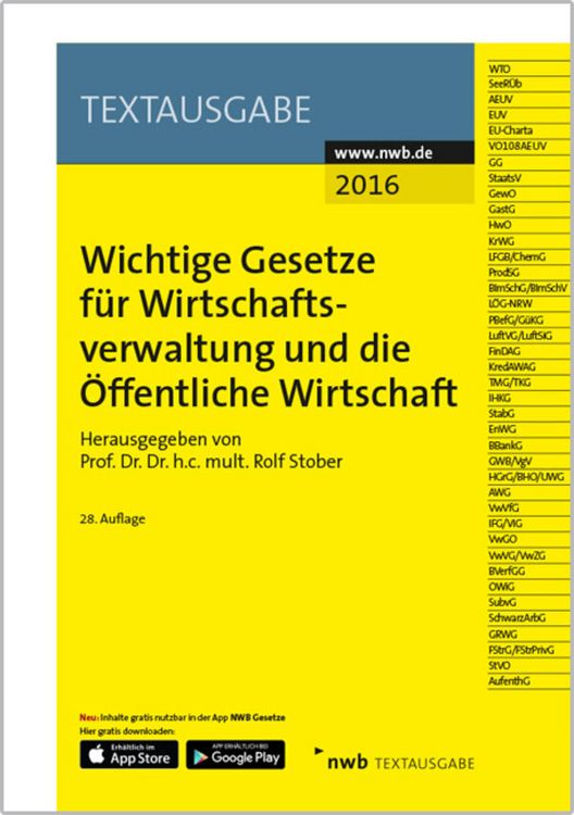 Produktbild: Wichtige Gesetze f&uuml;r Wirtschaftsverwaltung und die &Ouml;ffentliche Wirtschaft
