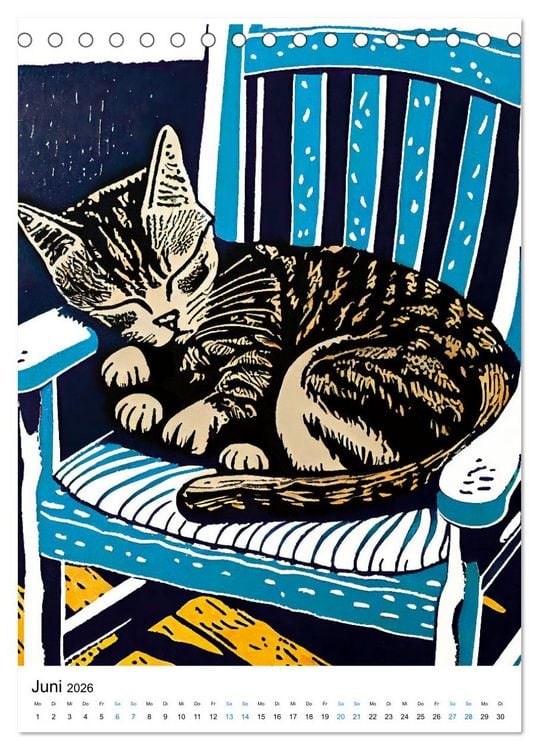 Produktbild: Katzen Linolschnitt - Der Kalender mit kunstvollen Portr&auml;ts der Samtpfoten (Tischkalender 2026 DIN A5 hoch), CALVENDO Monatskalender