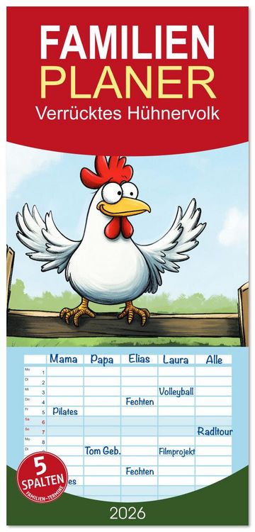 Produktbild: Familienplaner 2026 - Verr&uuml;cktes H&uuml;hnervolk mit 5 Spalten (Wandkalender, 21 x 45 cm) CALVENDO