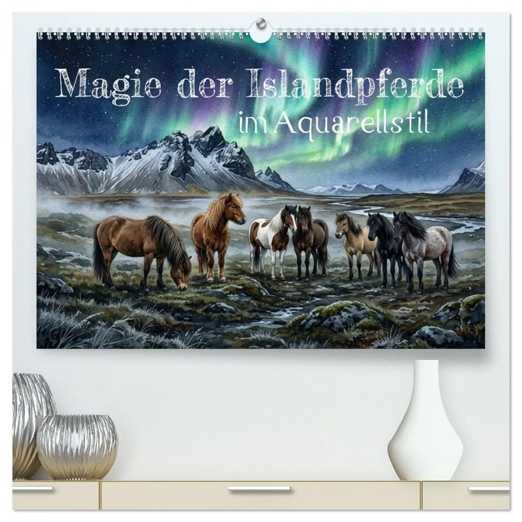 Produktbild: Magie der Islandpferde im Aquarellstil (hochwertiger Premium Wandkalender 2027 DIN A2 quer), Kunstdruck in Hochglanz