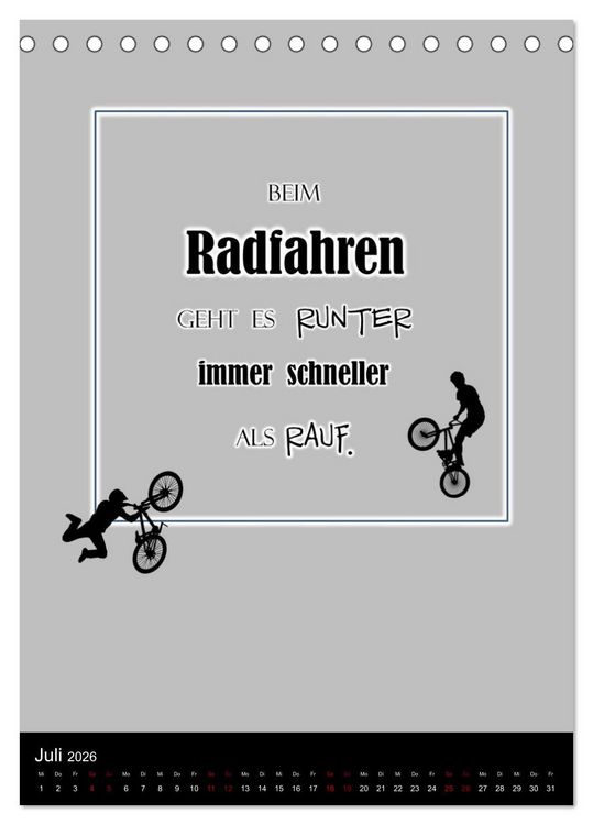Produktbild: Markante, freche Spr&uuml;che rund ums Radfahren (Tischkalender 2026 DIN A5 hoch), CALVENDO Monatskalender