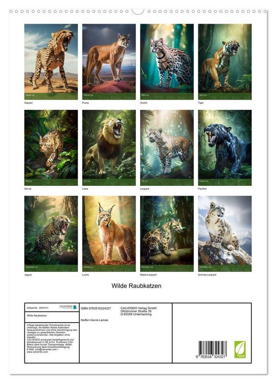 Produktbild: Wilde Raubkatzen (hochwertiger Premium Wandkalender 2026 DIN A2 hoch), Kunstdruck in Hochglanz