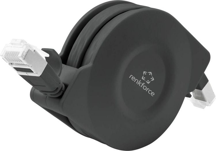 Produktbild: Renkforce RF-4476386 RJ45 Patchkabel CAT 6a U/FTP 1.50 m Schwarz Flache Ausf&uuml;hrung, inkl. Aufroller 1 St.