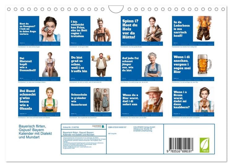 Produktbild: Bayerisch flirten, Gspusi! Bayern Kalender mit Dialekt und Mundart (Wandkalender 2026 DIN A4 quer), CALVENDO Monatskalender