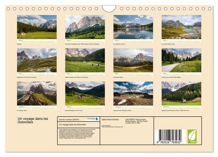 Produktbild: Un voyage dans les Dolomites (Calendrier mural 2027 DIN A4 vertical), CALVENDO calendrier mensuel