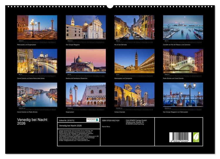Produktbild: Venedig bei Nacht 2026 (hochwertiger Premium Wandkalender 2026 DIN A2 quer), Kunstdruck in Hochglanz