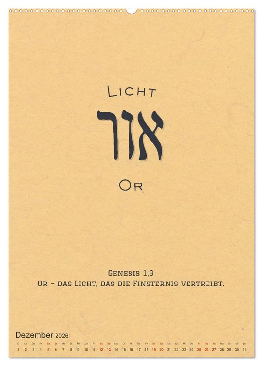 Produktbild: Hebr&auml;ische Lettern - Worte voller Licht und Weisheit (hochwertiger Premium Wandkalender 2026 DIN A2 hoch), Kunstdruck in Hochglanz