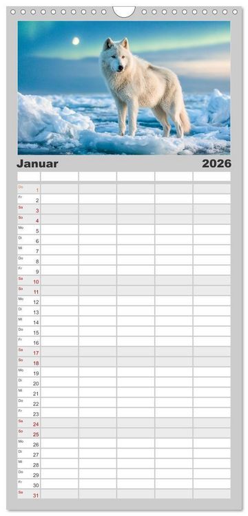 Produktbild: Familienplaner 2026 - W&ouml;lfe im Mondlicht - Ruf der Wildnis mit 5 Spalten (Wandkalender, 21 x 45 cm) CALVENDO