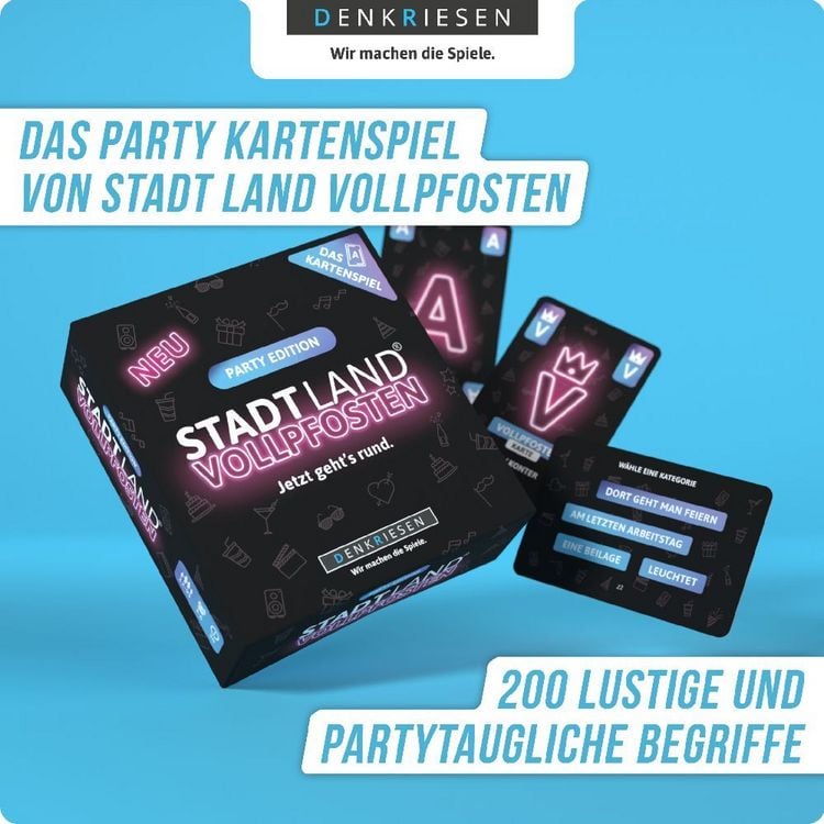 DENKRIESEN - STADT LAND VOLLPFOSTEN® - Das Kartenspiel - PARTY EDITION "Jetzt geht's rund."