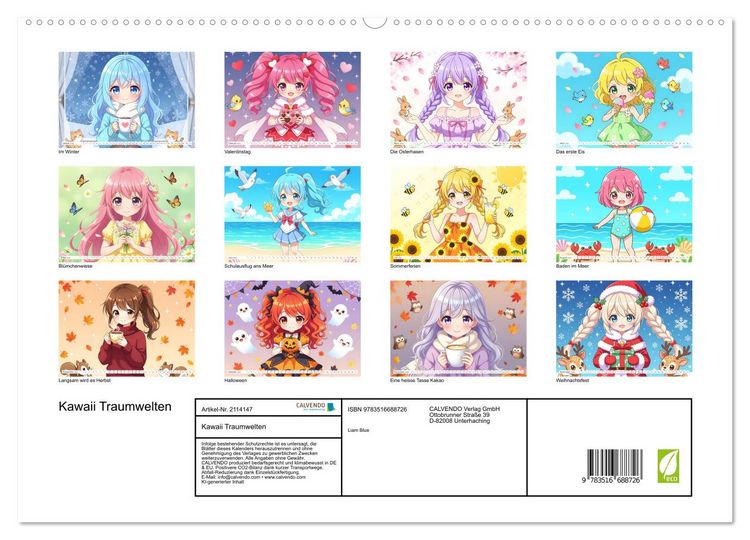 Produktbild: Kawaii Traumwelten (hochwertiger Premium Wandkalender 2026 DIN A2 quer), Kunstdruck in Hochglanz