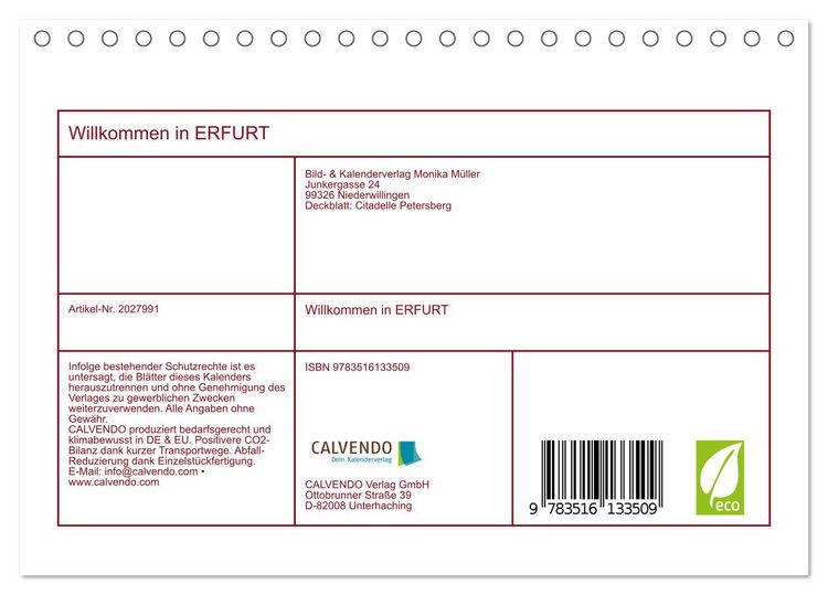 Produktbild: Willkommen in ERFURT (Tischkalender 2026 DIN A5 quer), CALVENDO Monatskalender