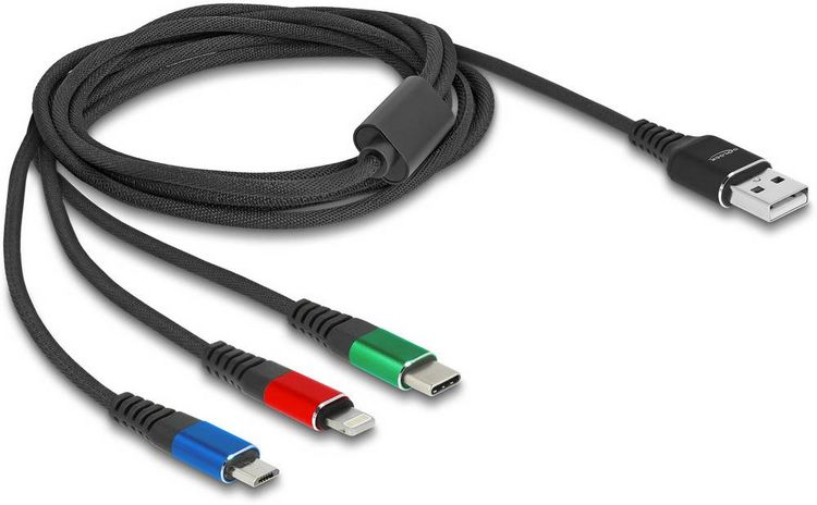 Produktbild: Delock USB-Kabel USB 2.0 USB-A Stecker, USB-Micro-B Stecker, Apple Lightning Stecker, USB-C&reg; 2.00 m Schwarz 90156
