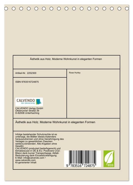 Produktbild: &Auml;sthetik aus Holz. Moderne Wohnkunst in eleganten Formen (Tischkalender 2026 DIN A5 hoch), CALVENDO Monatskalender