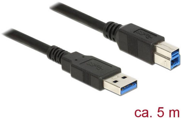 Produktbild: Delock USB-Kabel USB 3.2 Gen1 USB-A Stecker, USB-B Stecker 5.00 m Schwarz vergoldete Steckkontakte 85070