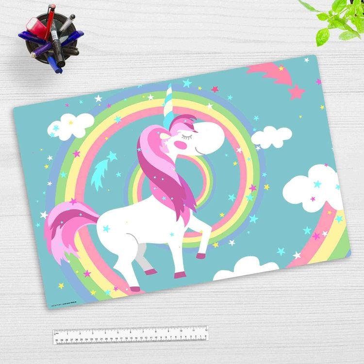 Produktbild: Cover-your-desk Schreibtischunterlage f&uuml;r Kinder Einhorn mit Regenbogen, aus hochwertigem Vinyl , 60 x 40 cm