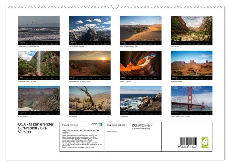 Produktbild: USA - faszinierender S&uuml;dwesten / CH-Version (hochwertiger Premium Wandkalender 2026 DIN A2 quer), Kunstdruck in Hochglanz