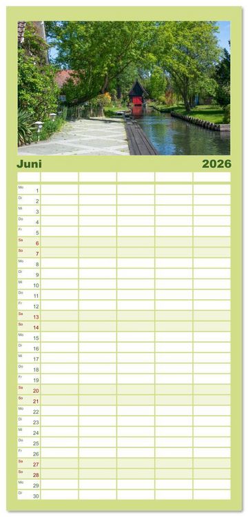 Produktbild: Familienplaner 2026 - Spreewald - Ein Naturparadies mit 5 Spalten (Wandkalender, 21 x 45 cm) CALVENDO