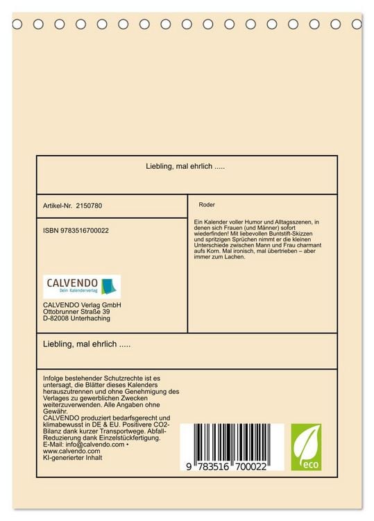 Produktbild: Liebling, mal ehrlich ..... (Tischkalender 2026 DIN A5 hoch), CALVENDO Monatskalender