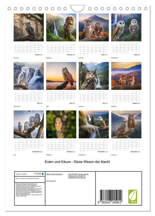 Produktbild: Eulen und K&auml;uze - Diese Wesen der Nacht (Wandkalender 2026 DIN A4 hoch), CALVENDO Monatskalender