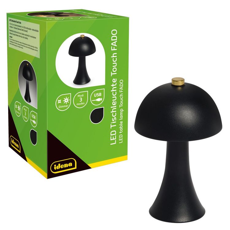Produktbild: Idena LED Tischleuchte Touch Fado Metall schwarz 10x16,5cm Akku USB C dimmbar 3 Modi Innen
