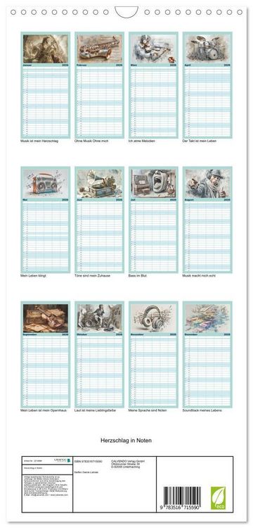 Produktbild: Familienplaner 2026 - Herzschlag in Noten mit 5 Spalten (Wandkalender, 21 x 45 cm) CALVENDO