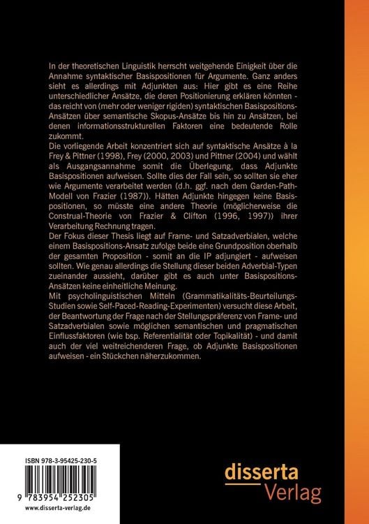 Produktbild: Syntaktische Basispositionen f&uuml;r Adjunkte? Psycholinguistische Untersuchungen zum Stellungsverhalten von Frameadverbialen und Satzadverbialen